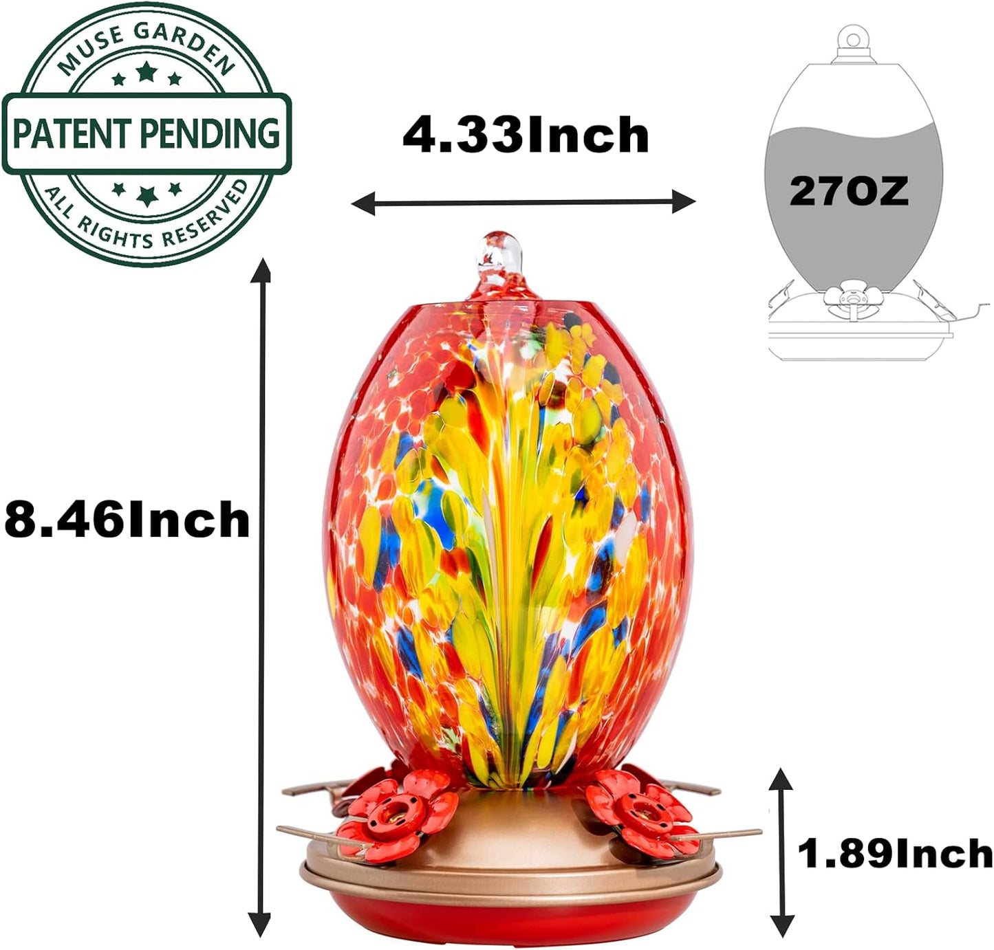 Muse Garden Glass Humming Bird Feeders for Outdoors - 27OZ Blown Glass Hummingbird Feeder - Unique Gift for Mom Bird Lovers Women, Outdoors Hanging Garden Decor, Includes Ant Moat & Brush, Red Phoenix