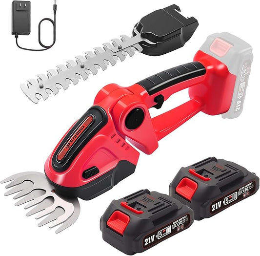 Cordless Hedge Trimmer, 2-in-1 Handheld Electric Hedge Trimmer/Grass Shears for Garden,Yard and Lawns, Shrub Trimmer with 2 PCS Rechargeable Battery&Charger (Red)