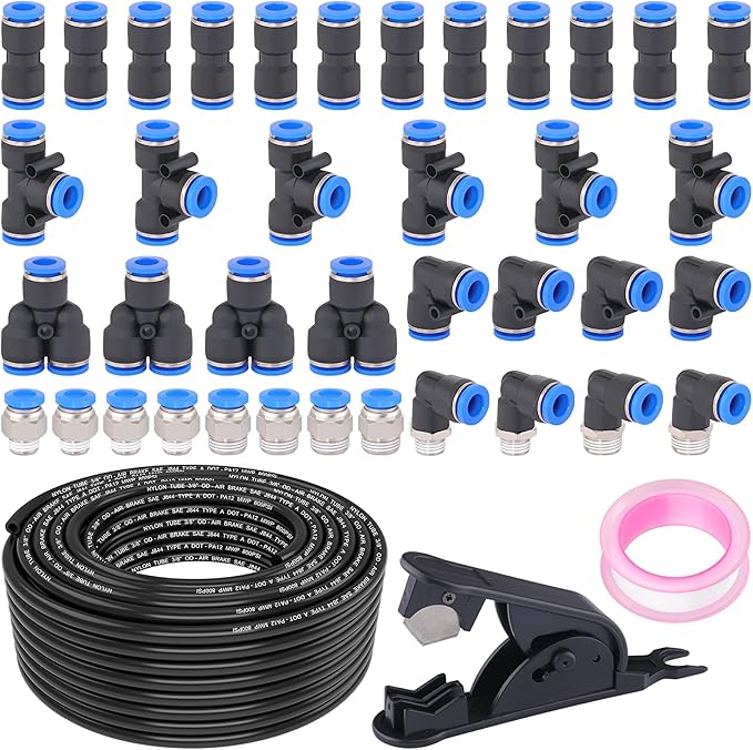100FT 3/8" DOT Air Line with 40 Pcs Quick Connect Air Fittings Kit 3/8 DOT Air Lines with Push Lock Air Line Fittings Pneumatic Push to Connect Air Hose Fittings