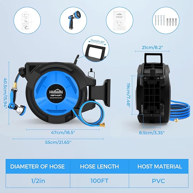 Retractable Garden Hose Reel, 1/2" x 100FT + 6.6FT Automatic Retractable Water Hose Reel Wall Mount, with 10- Function Sprayer Nozzle, Any Length Lock/Auto Rewind/180°Swivel
