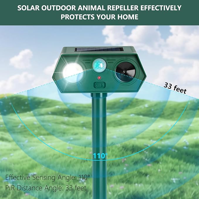 4Pack 2025 Ultrasonic Animal Repellent Outdoor Deer Repellent Devices Solar Animal Repeller Motion Activated Deterrent to Scare Cat Squirrel Rabbit Raccoon Skunk with LED Flash Lights for Yard Lawn