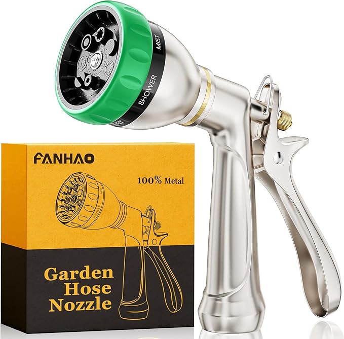 FANHAO Heavy Duty Garden Hose Nozzle, 100% Metal Water Hose Sprayer with 7 Spray Patterns, Ergonomic Rear Trigger, High Pressure Water Nozzle Sprayer for Watering Plants, Washing Car and Pet