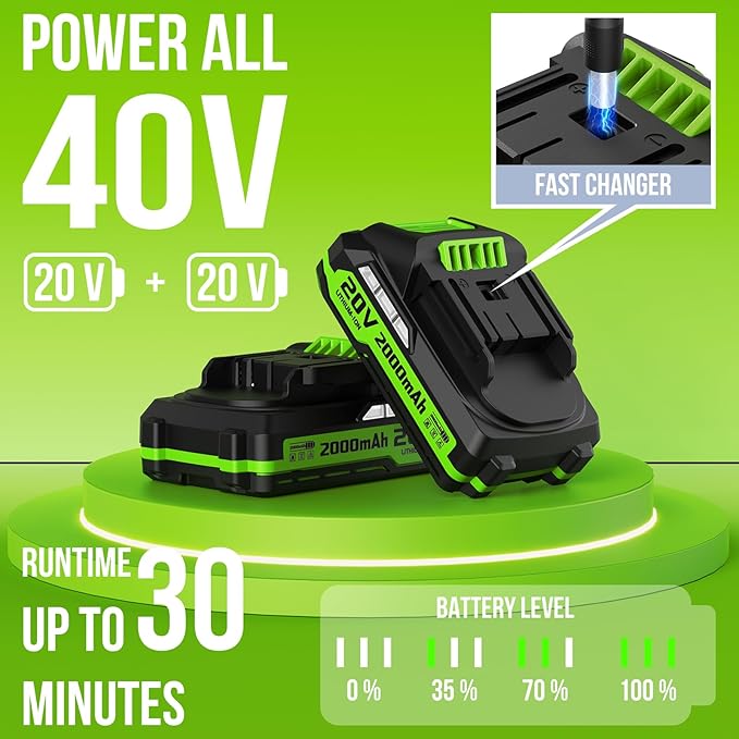 VARSK 20V String Trimmer Cordless, 12 Inch 2 in 1 Trimmer and Edger, Automatic Line Feed, Includes 2 X 2.0Ah Batteries/1 X Fast Charger/6 X Spare Spools, for Lawn, Garden, etc, Light Green