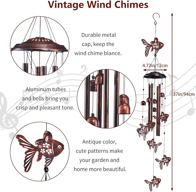 Fish Wind Chimes for Outside, Metal Windchimes Outdoors Clearance with 4 Aluminum Tubes, Garden Patio Yard Home Decor, Fish Gifts for Pet Lovers Women Men Mom Grandma, Unique Festival Birthday Gift