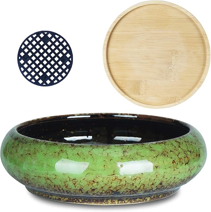 ARTKETTY Succulent Pots - 7.3 Inch Ceramic Bonsai Pots with Drainage Tray, Large Shallow Succulent Planters for Indoor Cactus Plants Decorative Flower Plant Container Bowl