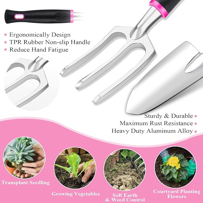 Pink Garden Tool Set Gardening Items for Women - 24PCS Heavy Duty Garden Tools with Detachable Storage Bag, Succulent Tool Set, Weeder