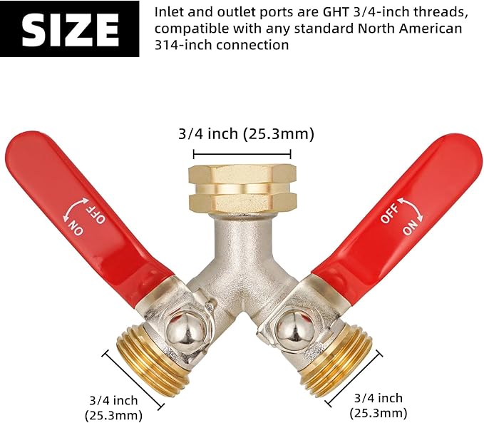 Hose Splitter 2 Way Heavy Duty, Brass Garden Hose Splitter, Faucet 2 Way hose connector, long handle 2 Way Splitter, Outdoor Faucet Splitters, Y Valve 3/4" GHT Thread.