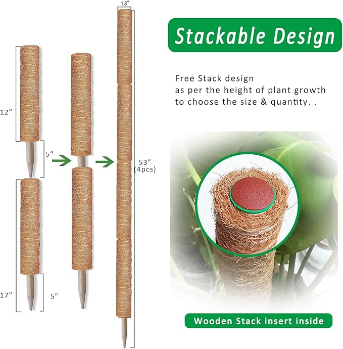 Moss Pole, 4 Pack 17Inch Monstera Plant Support for Climbing Plants Accessories Indoor -Stackable Moss Poles Plant Support Stakes -Coir Plant Pole Sticks for Potted Plants -Pothos, Tall Plant Trellis