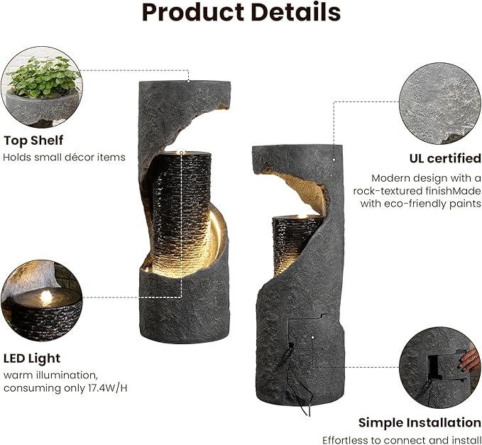 35.4" H Indoor Water Fountain Water Feature Outdoor for Garden, Patio, Deck Decorations, Yard, Porch, Office with Lights Spiral Water Fall Fountains Outside Home Art Decor