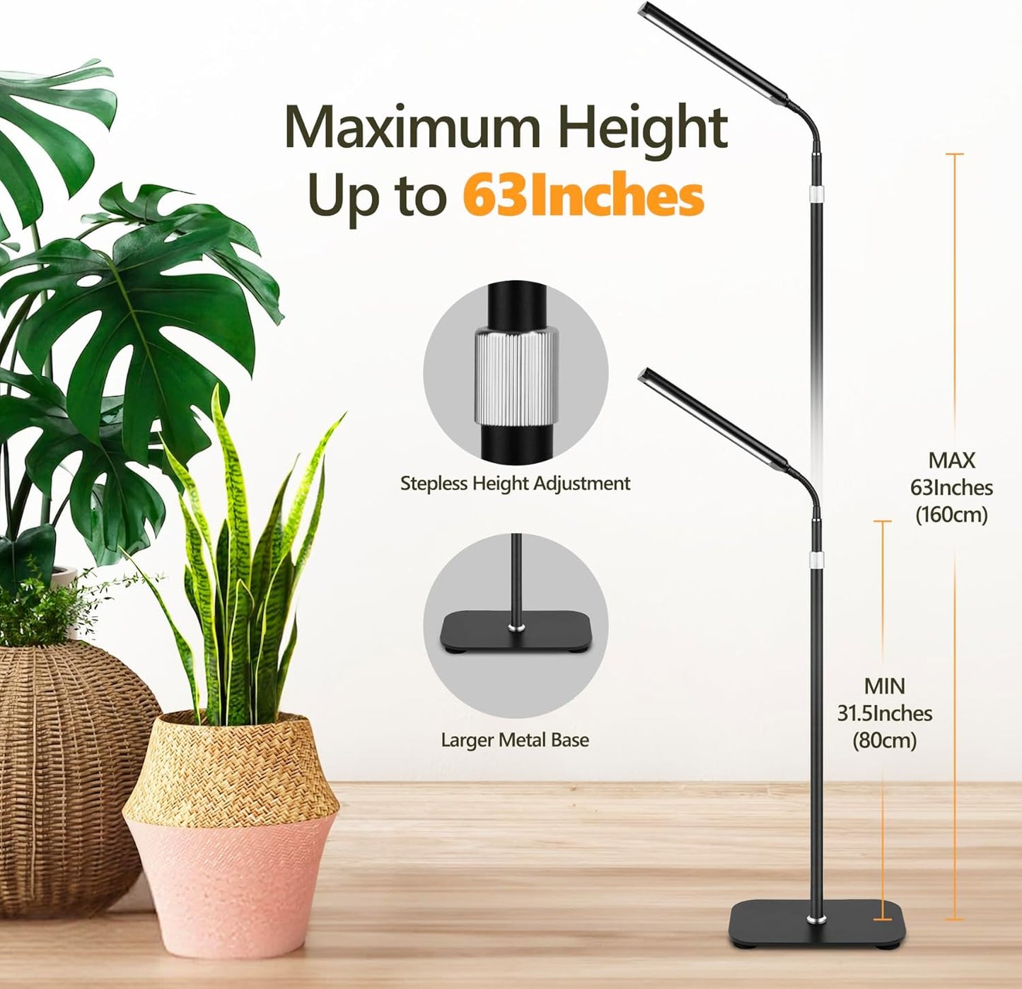 Grow Lights for Indoor Plants, Full Spectrum with High Aluminum Stand,31.5-63in Height Adjustable,cAuto Timer, Flexible Gooseneck,10-Level Dimmable, Floor Lamp for Small Tall Large Plant Growth