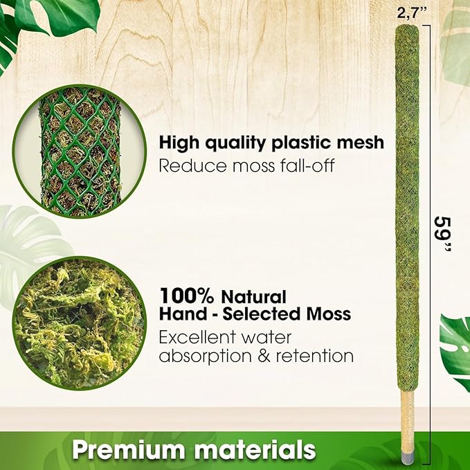 DUSPRO 59ββ Large Green Mesh Moss Pole Monstera Plant Support, Tall Plant Stakes, Moss Pole for Plants Monstera, Garden Pole, Moisture Stick for Plants (1pc., 59''), Natural