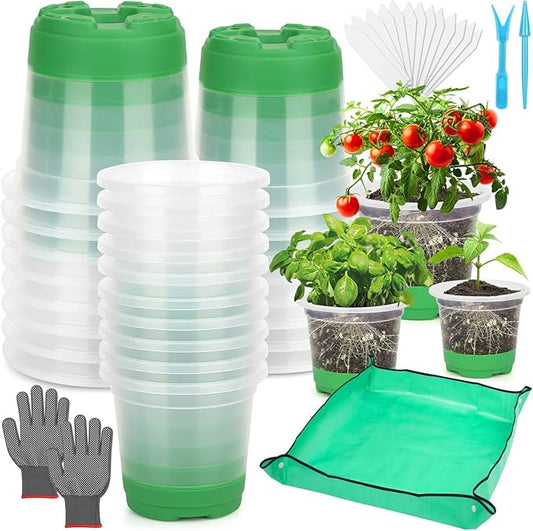 Caffox 51PCS Reusable Seed Starter Kit Includes 26 Packs 3 Sizes Clear Nursery Pots with Silicone Base, Repotting Mat, Gardening Gloves, Plant Labels and Seedling Tools for Easy Transplant