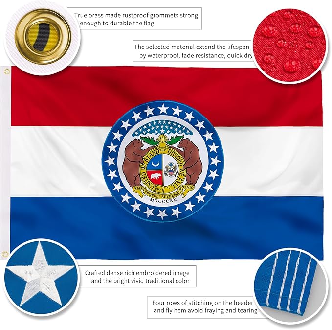 XIFAN Premium Missouri State Flag 3x5 ft Outdoor, Double Sided Embroidered Pattern, Heavy Duty 210D Nylon MO Flags, the Strongest Longest Lasting for Outside with Sewn Stripes/Brass Grommets