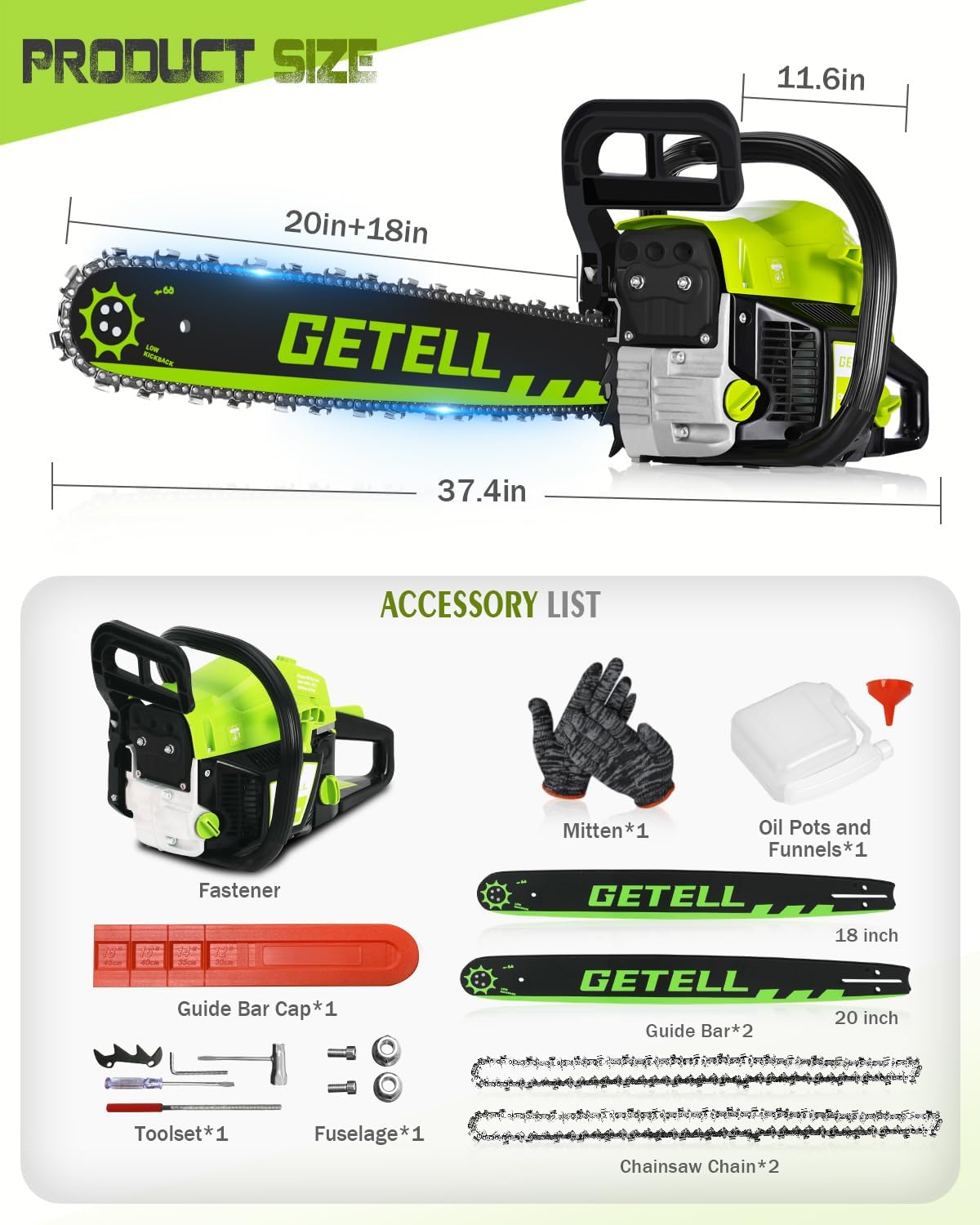 Professional 58cc Gas Powered Chainsaw with Quick-Switch Dual Bar 18/20 Inch System – Heavy Duty Chain Saw with Easy-Start for Tree Cutting, Limbing & Farm Use (GEL9902)