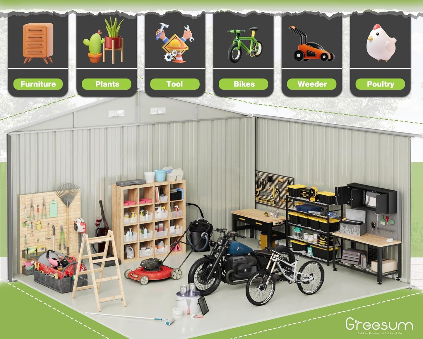 Greesum 10x8FT Outdoor Storage Shed, Utility Tool Shed Metal Storage Garden Shed with Door & Lock for Patio Storage, Brown