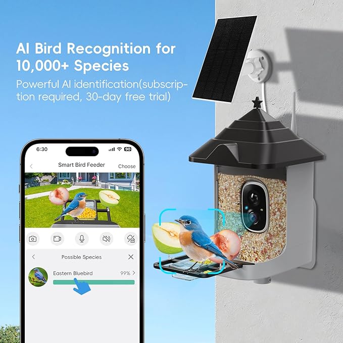 Smart Bird Feeder with Camera, Solar Panel & 5200mAh Battery, 4K HD Video, AI Identification, Instant Arrival Alerts & Alarm, IP65 Weatherproof, 32GB Card, 2L Capacity, Bird Lover’s Smart Companion