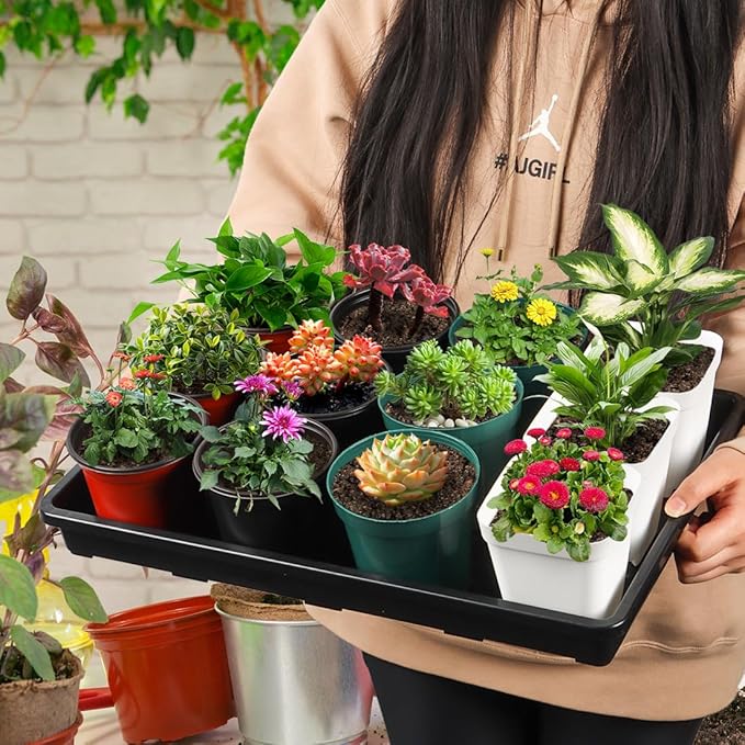 10 Pack Nursery Pots Trays (17"x11"x2"), Plastic Flat Seed Starter Trays, Durable Carrying Seedling Starter Tray, Reusable Tray for Planting and Collecting Drainage Water (Black)