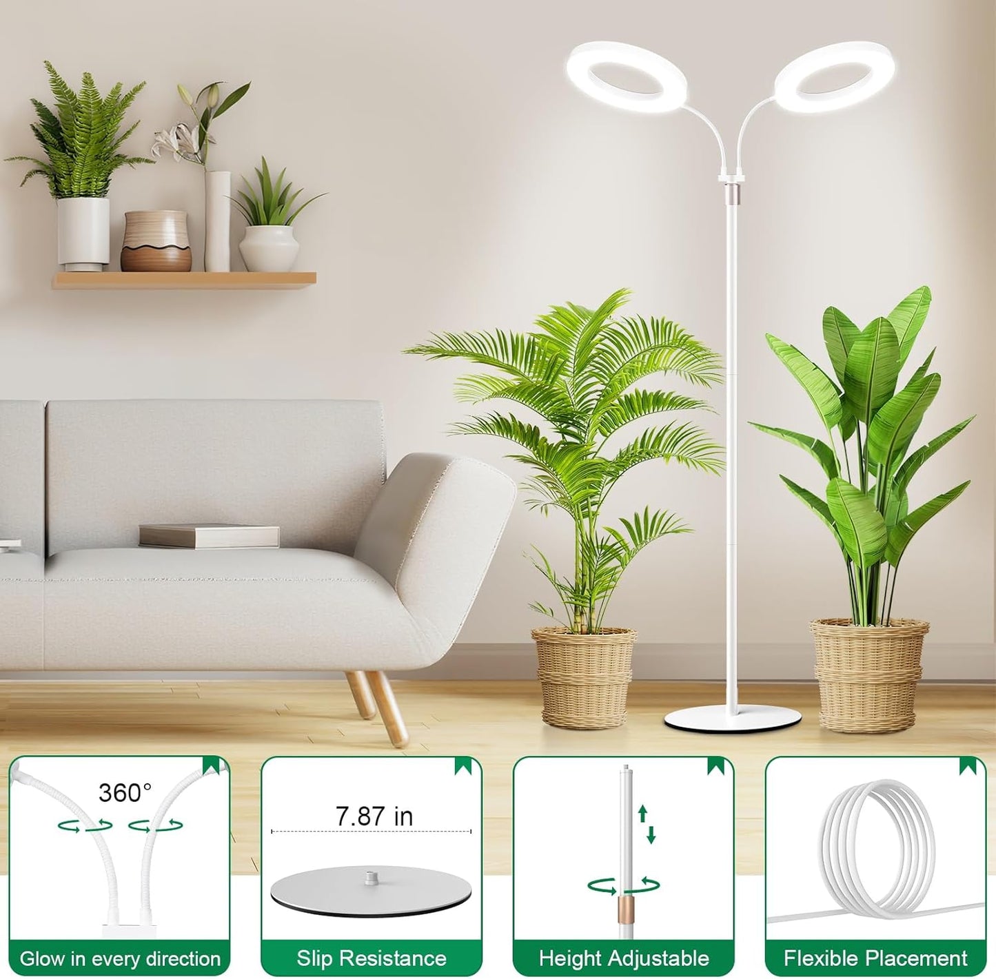 LBW Dual-Head Full Spectrum Grow Light with Stand – Adjustable Height (48.8-64.6"), Auto Cycle Timer (4/8/12H), 4 Brightness Levels, for Large Indoor Plants (White)