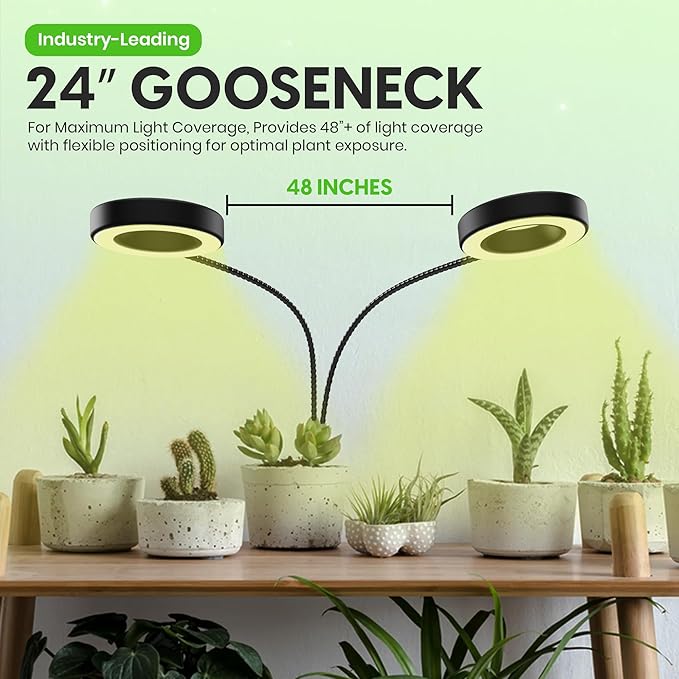 OSANI 24" Gooseneck Long Arm Grow Light, 48" Wide Coverage, 6000K Full Spectrum LED Grow Lights for Indoor Plants with Red Blue LEDs, 10-Level Dimmable, Auto Timer, USB & Adapter, Grow Lights Indoor