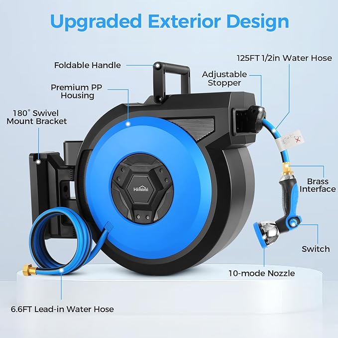 Retractable Garden Hose Reel, 1/2" x 131FT Heavy Duty Automatic Retractable Hose Reel Wall Mount, with 10- Function Sprayer Nozzle, Any Length Lock/Auto Rewind/180°Swivel