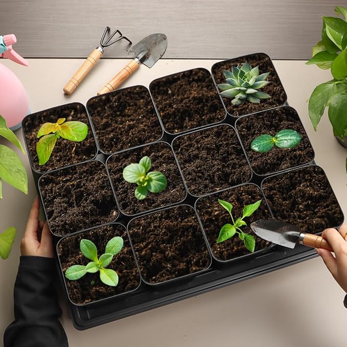 4 inch (10CM) Square Nursery Pots 120pcs, Sturdy Seedlings Trays 10 Pcs, Seeds Starter Germination Tray, Microgreening Planter Nursery Propagation 10 Sets