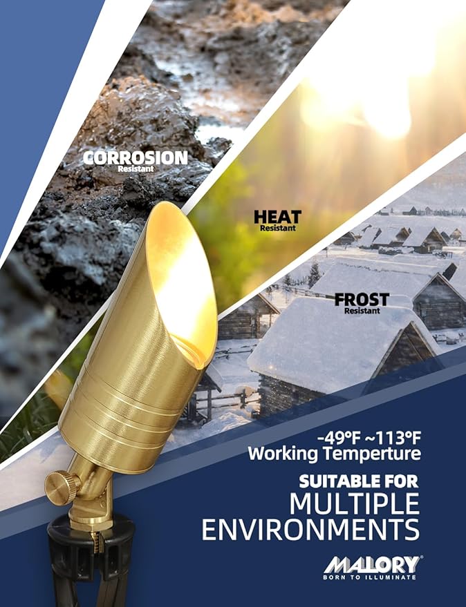 MALORY Brass Landscape Spotlight,12V AC/DC Low Voltage LED Landscape Lighting,Waterproof Spot Up Light for Garden,Patio and Yard (1-Pack Without Bulb)