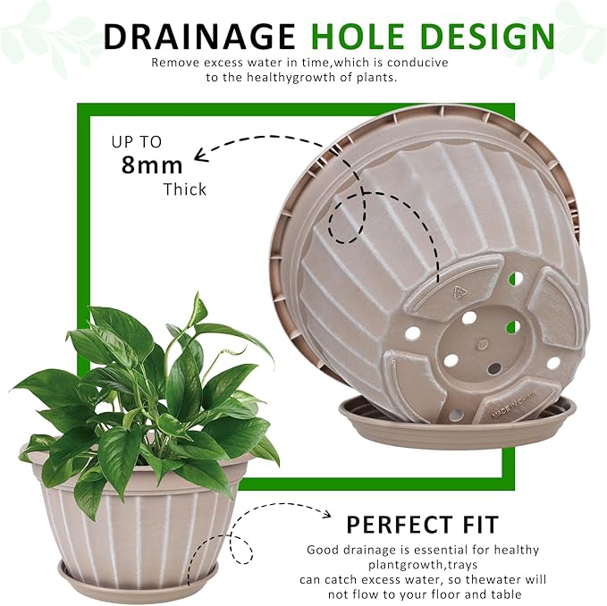 FGstyle 4 Pack Flower Pots,8 Inch Plants Pot,Planters Pot with Drainage Hole & Saucer,Modern Planters for Indoor Outdoor Plants,Decorative Resin Garden Pots for Outdoor Indoor Home Plants (Beige)