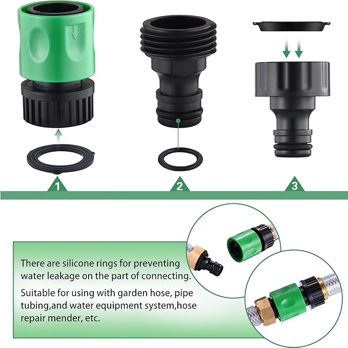 16 Pieces Garden Hose Quick Connect Fittings 3/4 Inch Plastic Water Hose Quick Connect Male and Female Water Hose End Adapters with 10 Pieces Rubber Washer(Green)