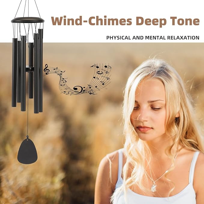 Aluminium Wind Chimes 26 Inches to Create a Zen Atmosphere Suitable for Outdoor, Garden, Patio Decoration. Classic Black Wind Chimes with Wind Catcher Suitable as A Gift for Unisex