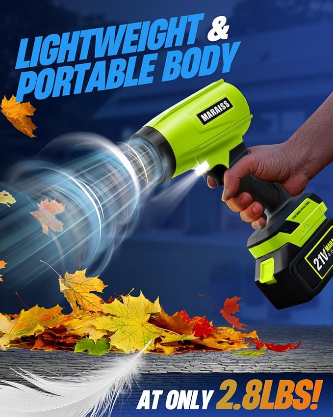 Cordless Leaf Blower with 2 X 4.0A 20000mAh Batteries Brushless Motor, Lightweight Low Decibel Turbo Jet Blower with Pro Earplugs for Patio Cleaning,Car Blowing Water, Blowing Leaves and Dust (Green)