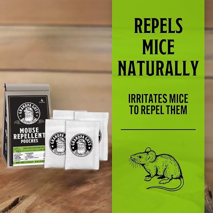 Grandpa Gus's Extra-Strength Mouse Repellent Pouches, Cinnamon/Peppermint Oils Repel Mice from Nesting & Freshen Air in Car/RV/Boat/Garage/Shed/Cabin (Pack of 4)