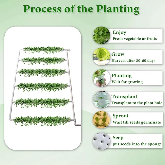 Wall-Mounted Hydroponic Grow Kit, 1 Layers 54 Plant Sites 6 Food-Grade PVC-U Pipes Hydroponics Planting System with Water Pump, Pump Timer, Nest Basket and Sponge for Leafy Vegetable