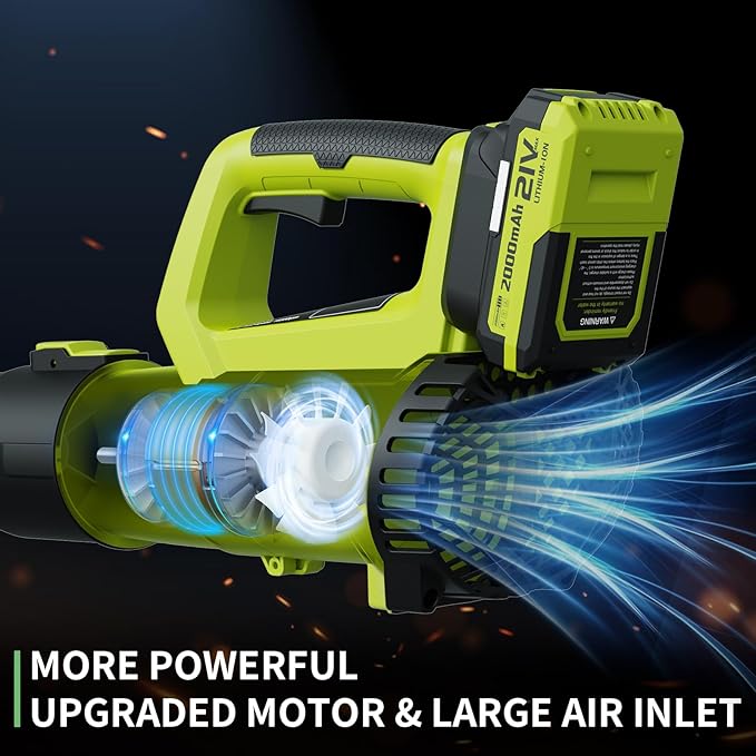 Leaf Blower, 21V Cordless Electric Blower with 2 2.0Ah Batteries and 1 Hour Fast Charger, Lightweight Leaf Blower for Patio Cleaning, Lawn Care, Blowing Fallen Leaves and Dust, etc.