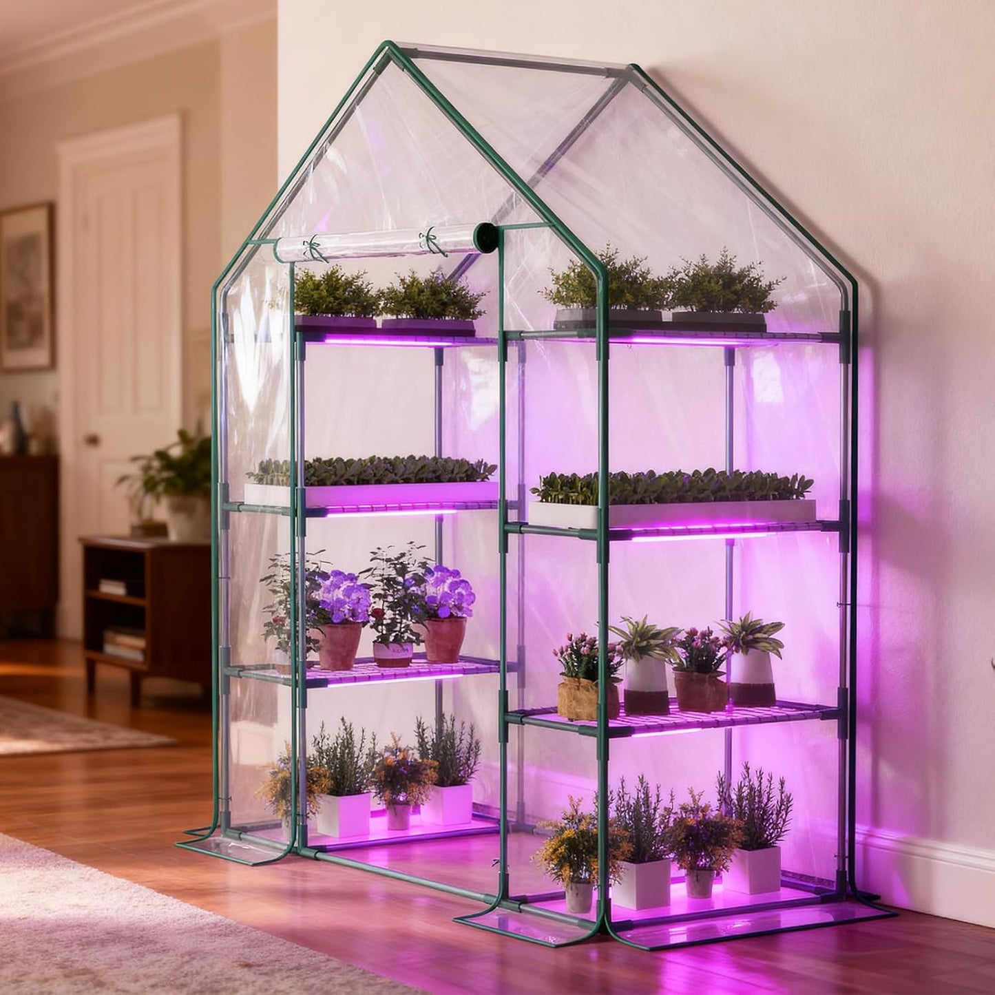 SUNYRISY Indoor Greenhouse with Grow Lights Plant Stand Shelf, 4 Tier Wall in Mini Small Greenhouse Kit with Zippered PVC Tent for Garden Seed Starting Tray, 36W Full Spectrum