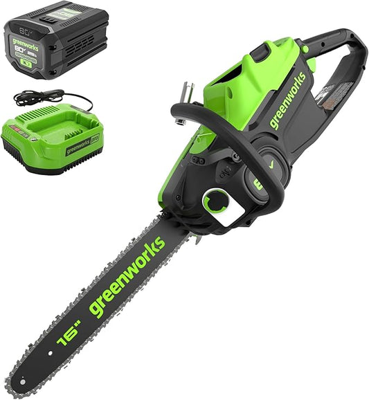 Greenworks 80V 16" Brushless Cordless Chainsaw (Great For Tree Felling, Limbing, Pruning, and Firewood), 75+ Compatible Tools, 2.5Ah Battery and Charger Included