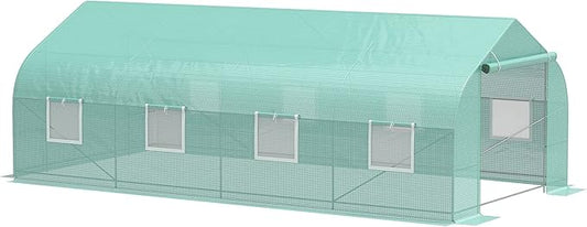 Outsunny 20' x 10' x 7' Outdoor Walk-in Greenhouse, Tunnel Green House with Roll-up Windows, Zippered Door, PE Cover, Heavy Duty Steel Frame, Green
