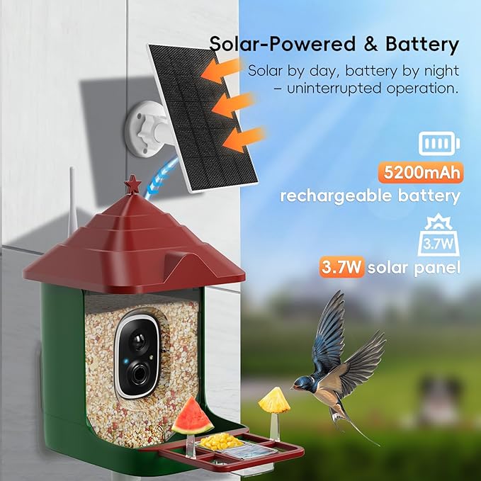 Smart Bird Feeder with Camera, Solar Panel & 5200mAh Battery, 4K HD Video, AI Identification, Instant Arrival Alerts & Alarm, IP65 Weatherproof, 32GB Card, 2L Capacity, Bird Lover’s Smart Companion
