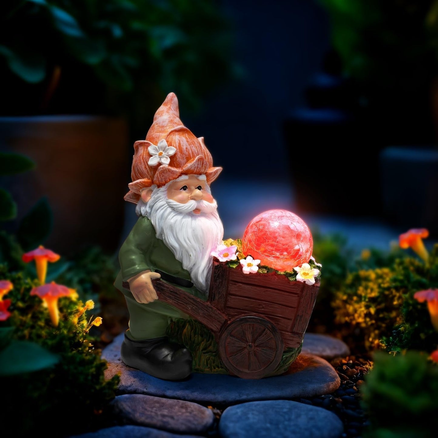 Solar Garden Gnome Statue with Crackle Glass Globe Lights, Waterproof Outdoor Decor for Patio, Lawn, or Yard, Whimsical Housewarming Gift(Green Gnomes)