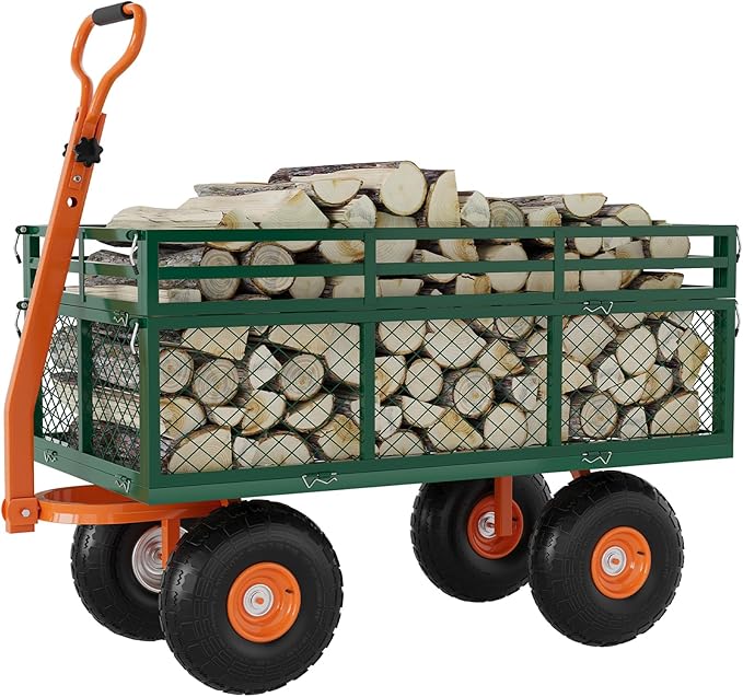 Versatile Garden Cart for Lawn and Yard with Heavy Duty Steel, 1400 Lbs Capacity Mesh Steel Garden Cart Folding Utility Wagon with Removable Side Panels, Long Handle, 10" Tires - Green and Orange