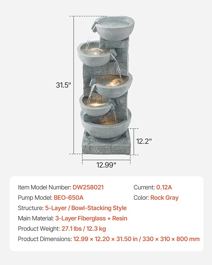 VEVOR Outdoor Water Fountain, 31.5 in Height Fountain and Waterfall, 5-Tier Floor Standing Bowl-Shaped Cascading Fountains with LED Light and Pump, for Outdoor Indoor Garden, Home, Patio & Backyard