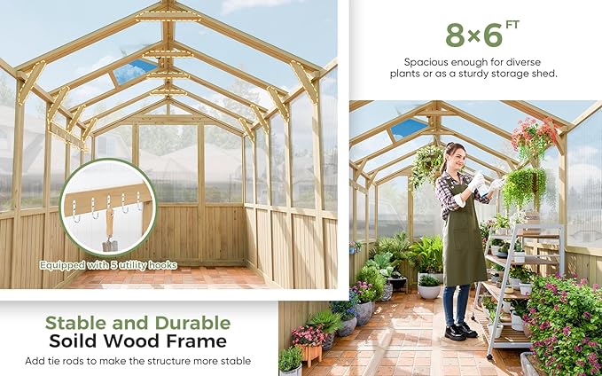 CDCASA 8x6 FT Wooden Greenhouse for Outdoor, Easy Assembly Solid Cedar Frame w/ Polycarbonate Heavy Duty Greenhouses, Outside Garden Walk-in Green House Kit, Adjustable Roof Vent & Lockable Door