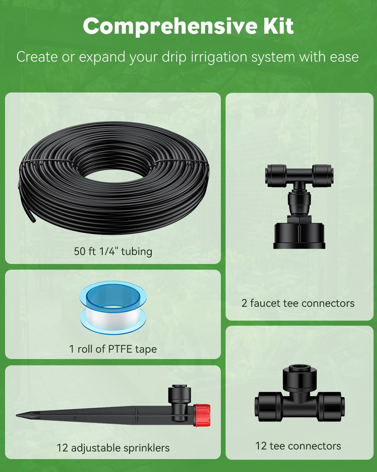 Pawfly 50ft Drip Irrigation System Kit - Quick-Connect Garden Watering System with 1/4" Tubing, Adjustable Emitters & Drip Irrigation Parts for Greenhouse, Lawn, Patio & Raised Beds