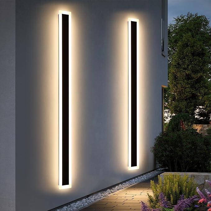 Upgrade Widened 2 Pack LED Outdoor Wall Lights, 71inch Modern Lighting Fixture, 3000K Warm White, IP65 Waterproof, 60W, White Acrylic, Black Minimalist Wall Mount Sconce for Balcony, Yard, Fence