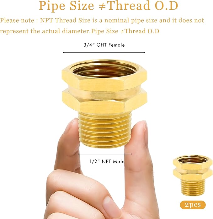 TAROSE 2 Pack Brass Garden Hose Adapter, 3/4” GHT Female x 1/2” NPT Male Connector, GHT to NPT Adapter Brass Hose Fitting,Brass Garden Hose to Pipe Fittings Connect