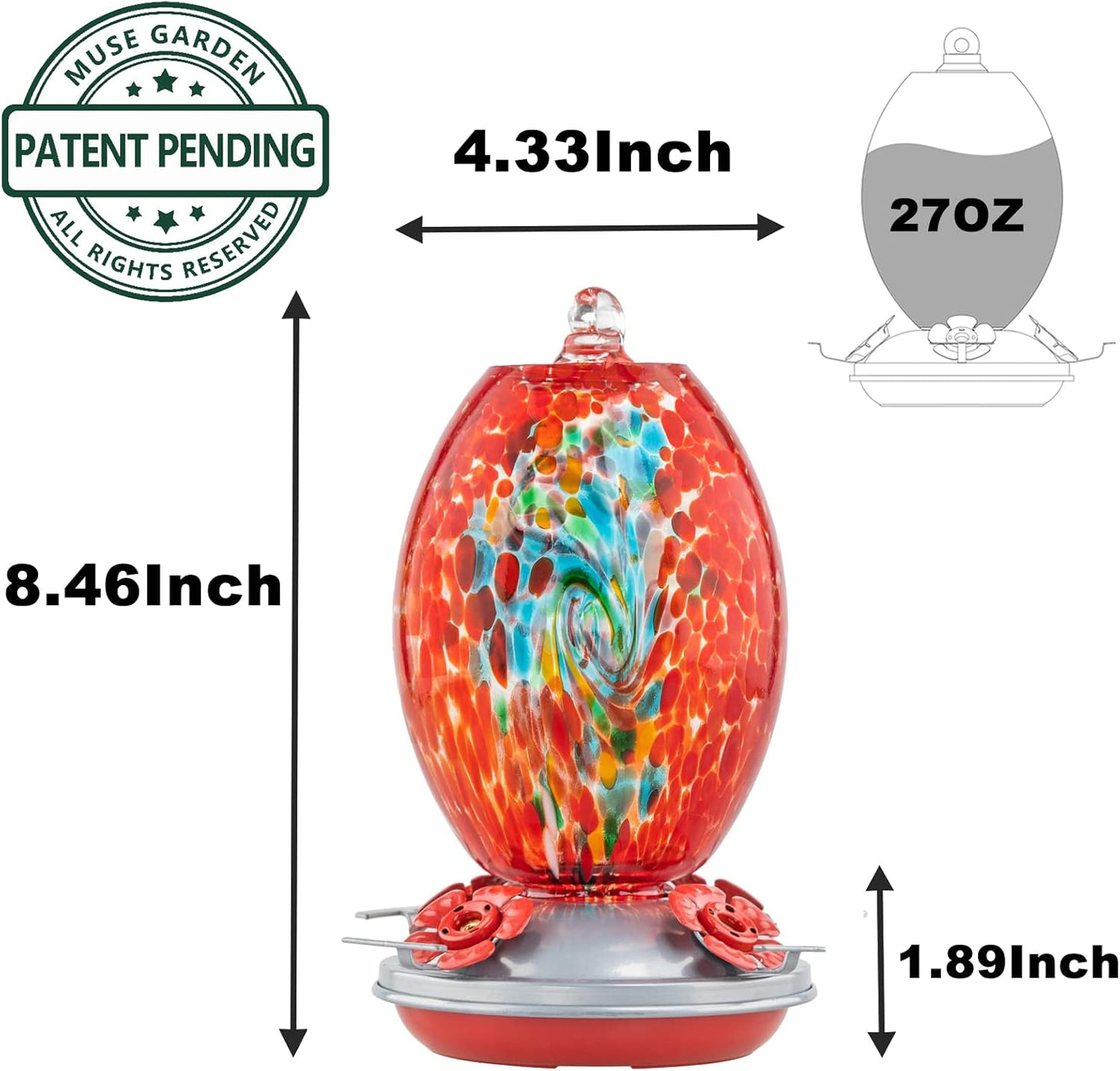 Muse Garden Glass Humming Bird Feeders for Outdoors - 27OZ Blown Glass Hummingbird Feeder - Unique Gift for Mom Women Grandparents, Outdoors Hanging Garden Decor, Includes Ant Moat & Brush, Red Swirl