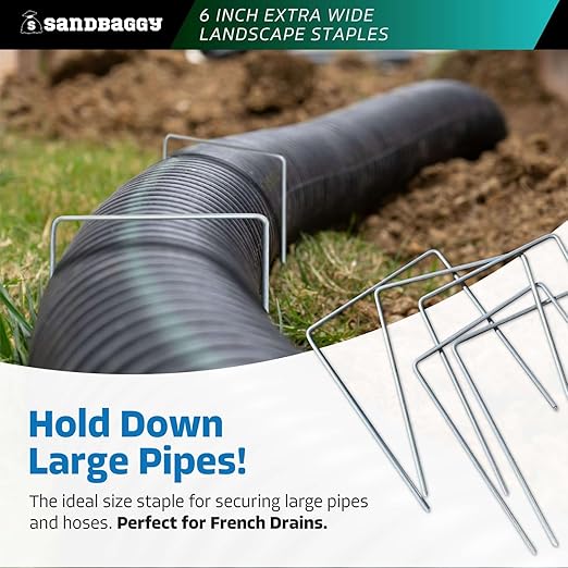 Sandbaggy 6" Wide Landscape Staples - Extra Heavy Duty: 7 Gauge Galvanized Steel - Hold Down Pipes, Landscape Fabric, Ground Cover, Erosion Control Netting, Sod, & Turf (50, 6" W x 8" L)
