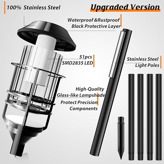 ZOOHAR Solar Outdoor Lights,Extra-Tall Solar Torches with Flickering Flame 2-Pack Waterproof Garden Lights,Stainless Steel Pathway Lighting Garden Decor, Yard Decorations Outdoor Auto On/Off