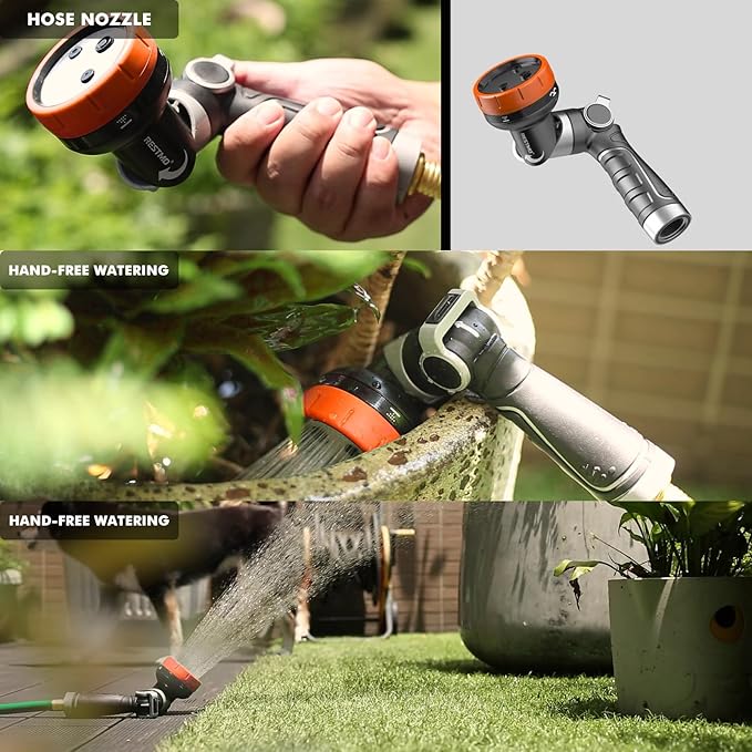 RESTMO 2-IN-1 Garden Hose Nozzle, Heavy Duty Metal Water Hose Nozzle with 4 Spray Patterns, Magic Twist and Thumb Flow Control, Ideal for Watering Plants & Lawns, Washing Cars & Pets, Orange
