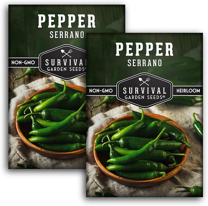 Mexican Serrano Pepper Seeds for Planting | Fresh Hot Chili & Green Hot Pepper Seeds – Heirloom Non-GMO Variety for Sauce, Salsa & Pickling – Survival Garden Seeds (2 Packs)