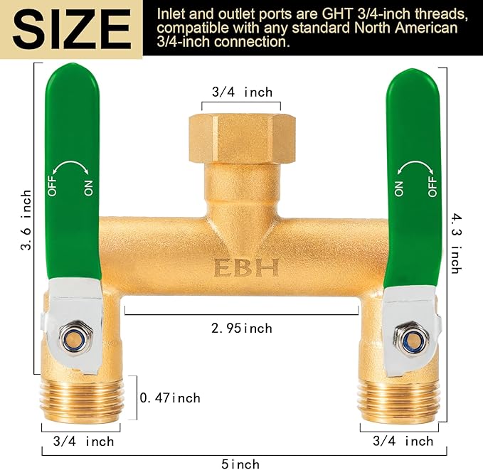 EBH Garden Hose Splitter, 2-Way High Flow Heavy Duty Brass Outdoor Hose Manifold with Extra Long Handles Full Flow Faucet Adapter- 3/4” GHT(Green)